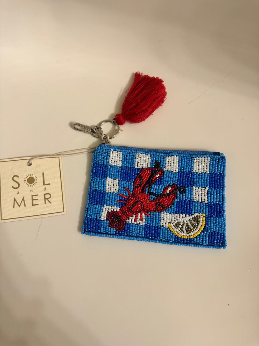 Sol & Mer Blue Gingham Lobster Coin Purse Mini Pouch Zipper Bag Charm NWT